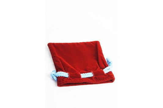 Red velvet tote bag with white drawstrings